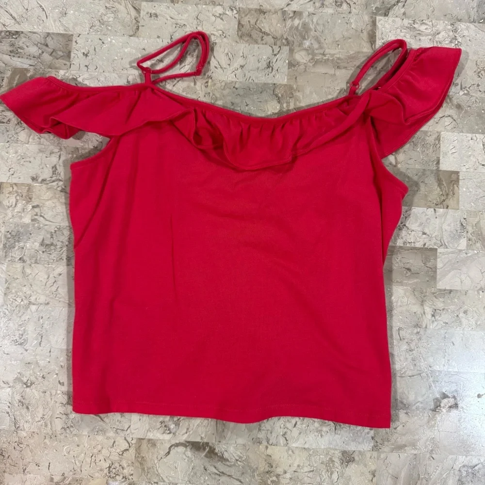 Guess Hot Pink Ruffle Cold-Shoulder Drawstring Tank - Picture 4 of 4